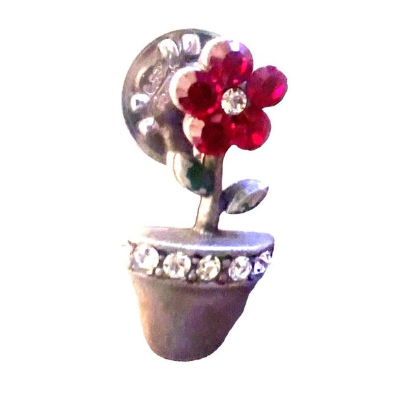Vintage Rhinestones Potted Flower Pin Red - Picture 1 of 3